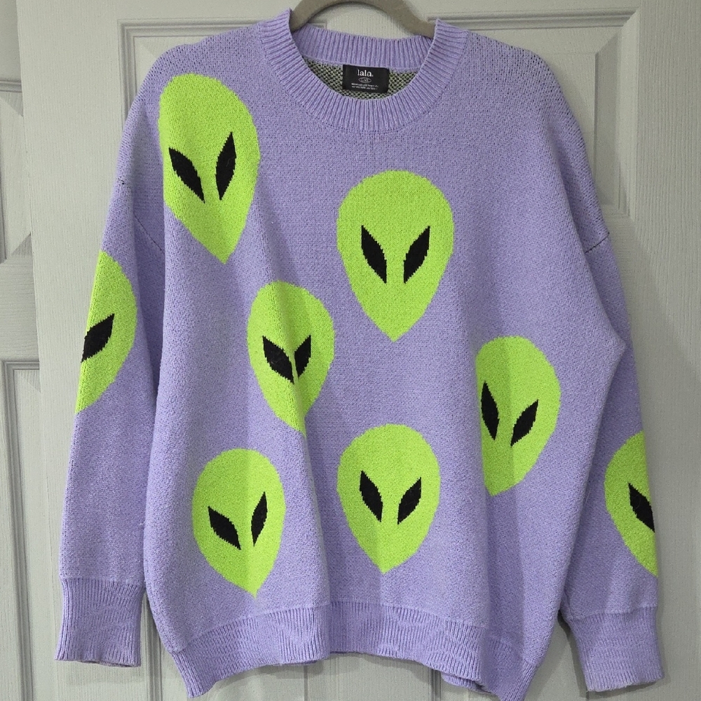 Dressed in LALA Purple and Neon Green Alien Sweater